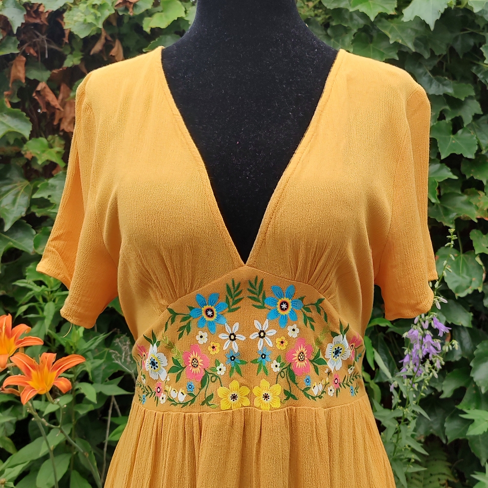 Shein Dress Womens Yellow Floral Ruched Ruffle Hem Midi Large